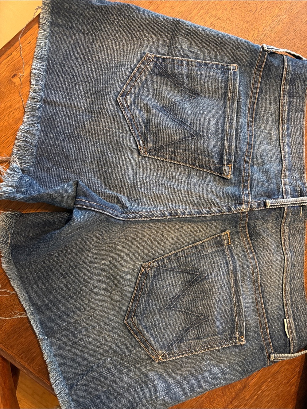 MOTHER Raw-Hem Blue Denim Shorts the drop out fray